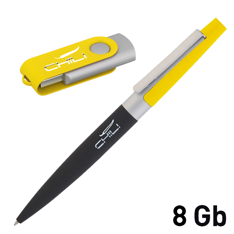 Набор ручка + флеш-карта 8 Гб в футляре, покрытие soft touch, цвет черный с желтым