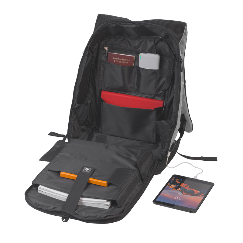 Рюкзак "Holiday" с USB разъемом и защитой от кражи, цвет серый с черным