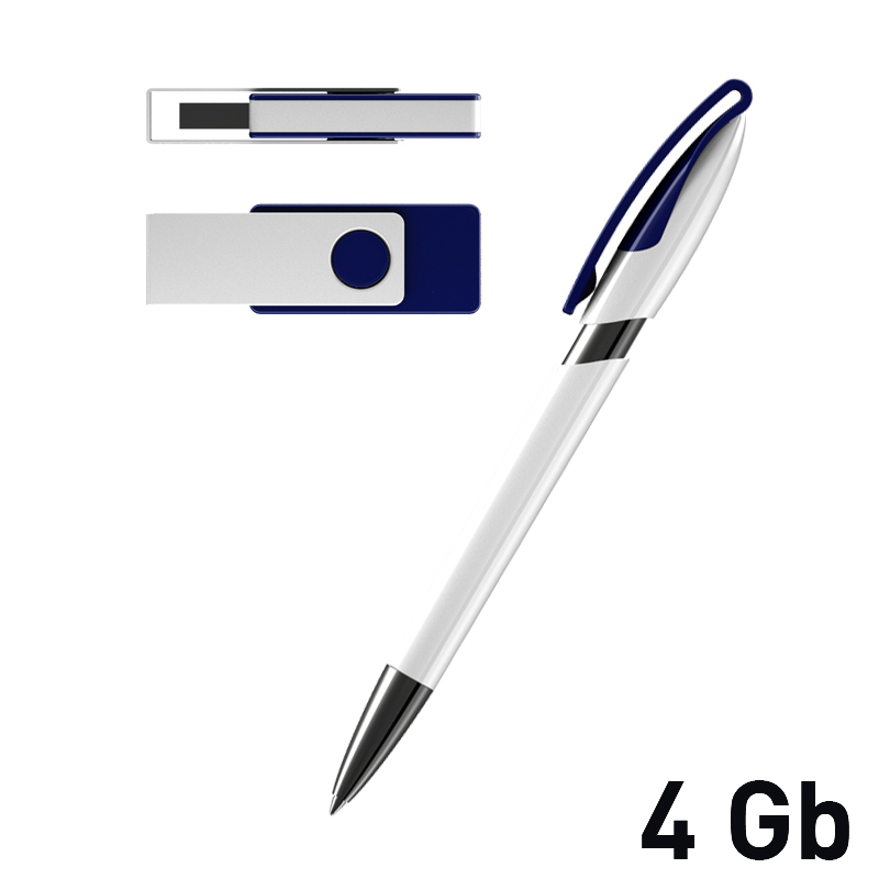 Набор ручка + флеш-карта 4Гб в футляре, белый/темно-синий