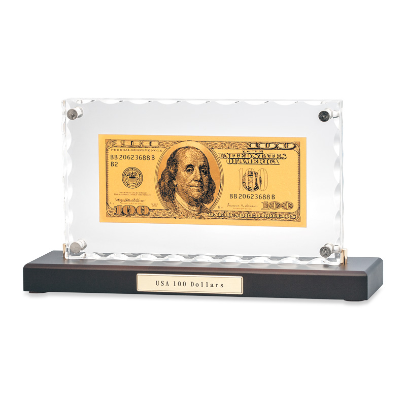 "Банкнота 100 USD" в стекле, цвет коричневый с золотым