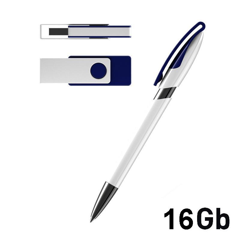 Набор ручка + флеш-карта 16Гб в футляре, цвет белый с темно-синим