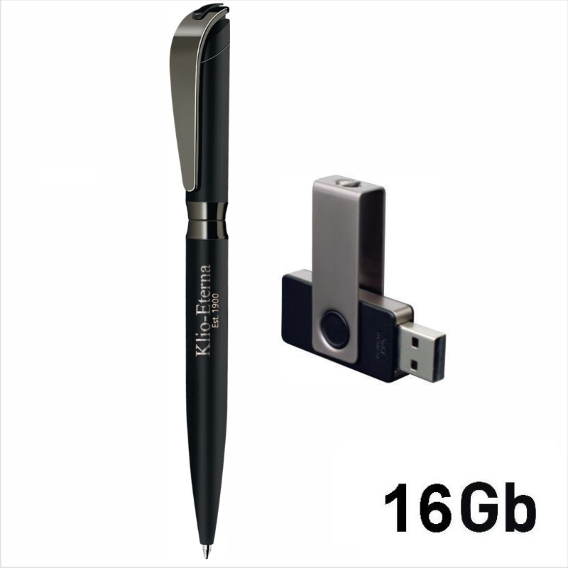 Набор ручка + флеш-карта 16Гб в футляре, прорезиненная поверхность, цвет черный