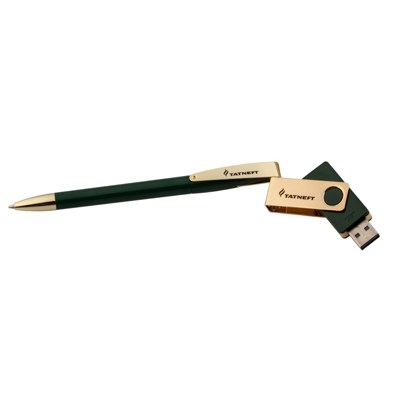 Набор ручка + флеш-карта 4Гб в футляре, цвет темно-зеленый с золотом