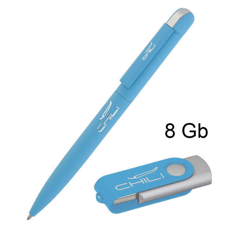 Набор ручка + флеш-карта 16 Гб в футляре, покрытие soft touch, цвет голубой