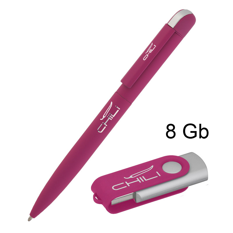 Набор ручка + флеш-карта 8 Гб в футляре, покрытие soft touch, цвет фуксия