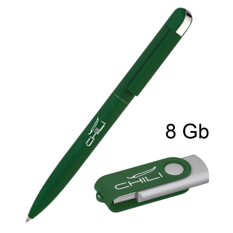 Набор ручка + флеш-карта 8 Гб в футляре, покрытие soft touch, цвет темно-зеленый