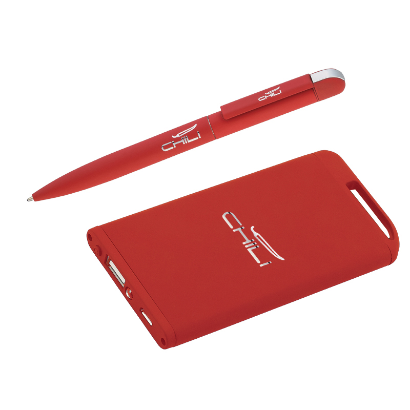 Набор ручка + зарядное устройство 4000 mAh, покрытие soft touch, цвет красный