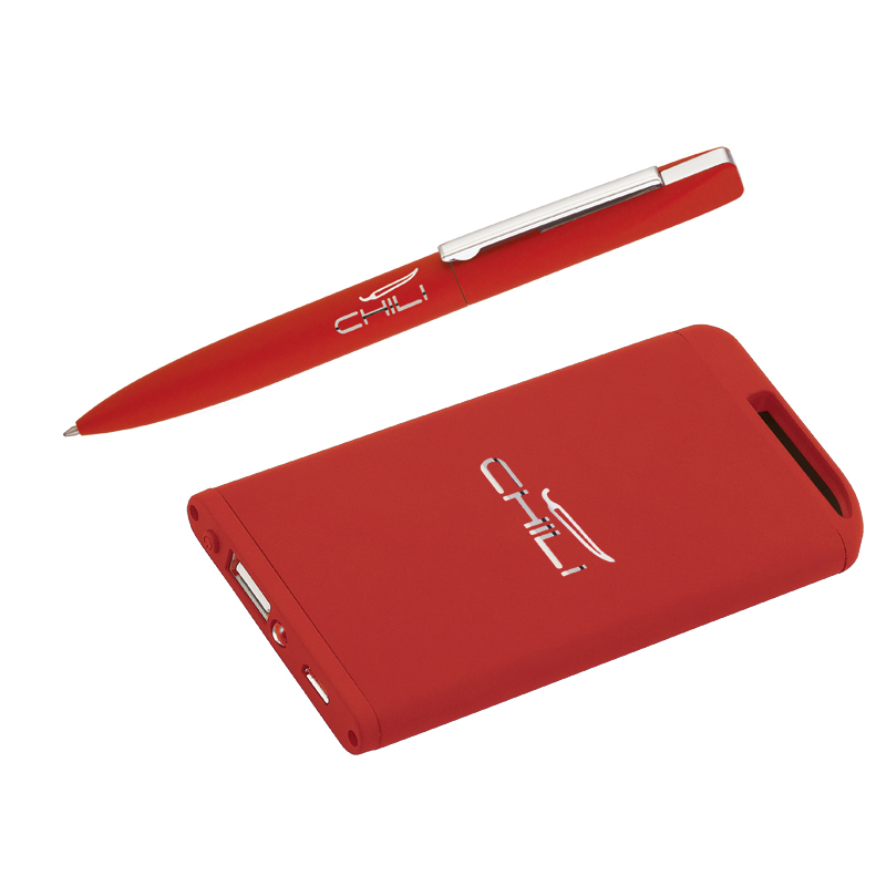 Набор ручка + зарядное устройство 4000 mAh в футляре, покрытие soft touch, цвет красный
