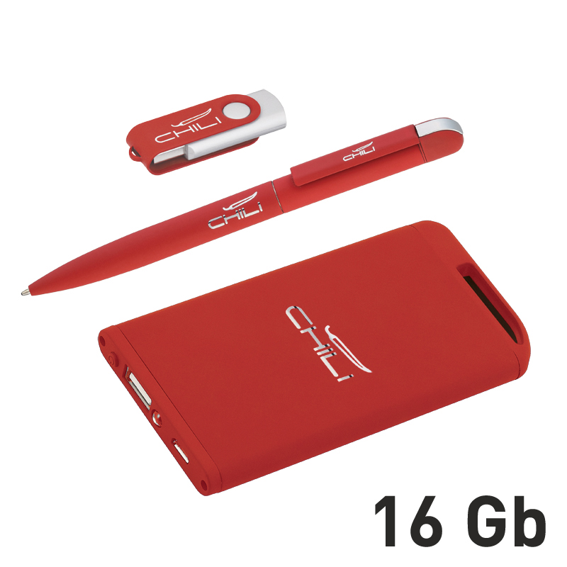Набор ручка + флеш-карта 8Гб + зарядное устройство 4000 mAh в футляре, покрытие soft touch, цвет красный