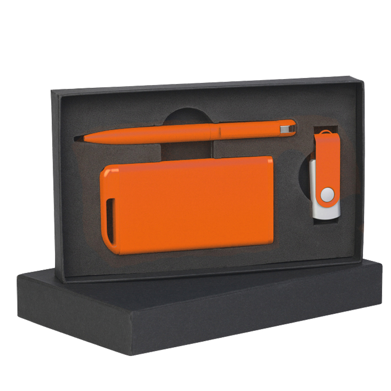 Набор ручка + флеш-карта 16Гб + зарядное устройство 4000 mAh в футляре, покрытие soft touch, цвет оранжевый