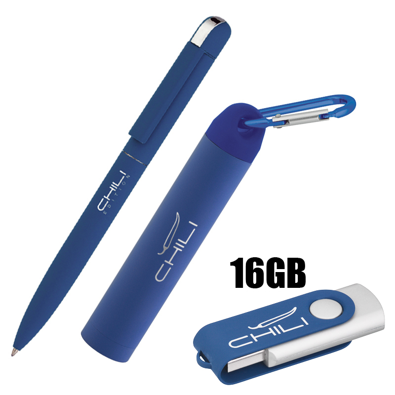 Набор ручка + флеш-карта 16Гб + зарядное устройство 2800 mAh в футляре, покрытие soft touch, цвет темно-синий