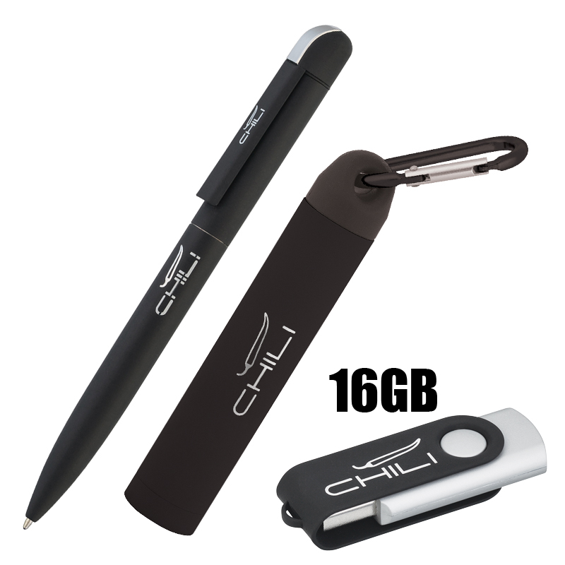 Набор ручка + флеш-карта 16Гб + зарядное устройство 2800 mAh в футляре, покрытие soft touch, цвет черный