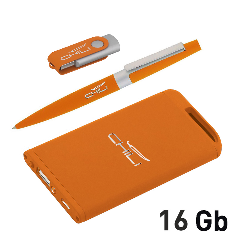 Набор ручка + флеш-карта 16Гб + зарядное устройство 4000 mAh в футляре, покрытие soft touch, цвет оранжевый