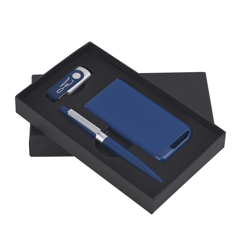 Набор ручка + флеш-карта 16Гб + зарядное устройство 4000 mAh в футляре, покрытие soft touch, цвет темно-синий