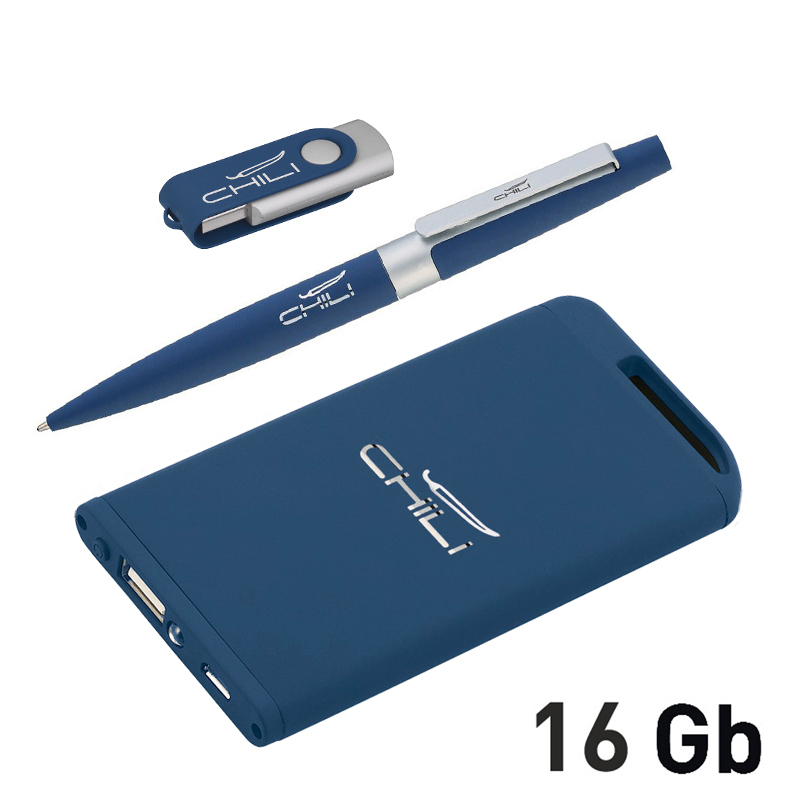 Набор ручка + флеш-карта 16Гб + зарядное устройство 4000 mAh в футляре, покрытие soft touch, цвет темно-синий