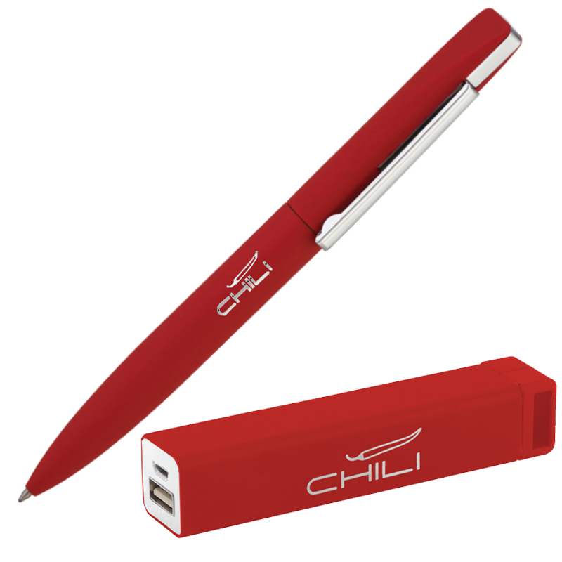 Набор ручка + зарядное устройство 2800 mAh в футляре, покрытие soft touch, цвет красный