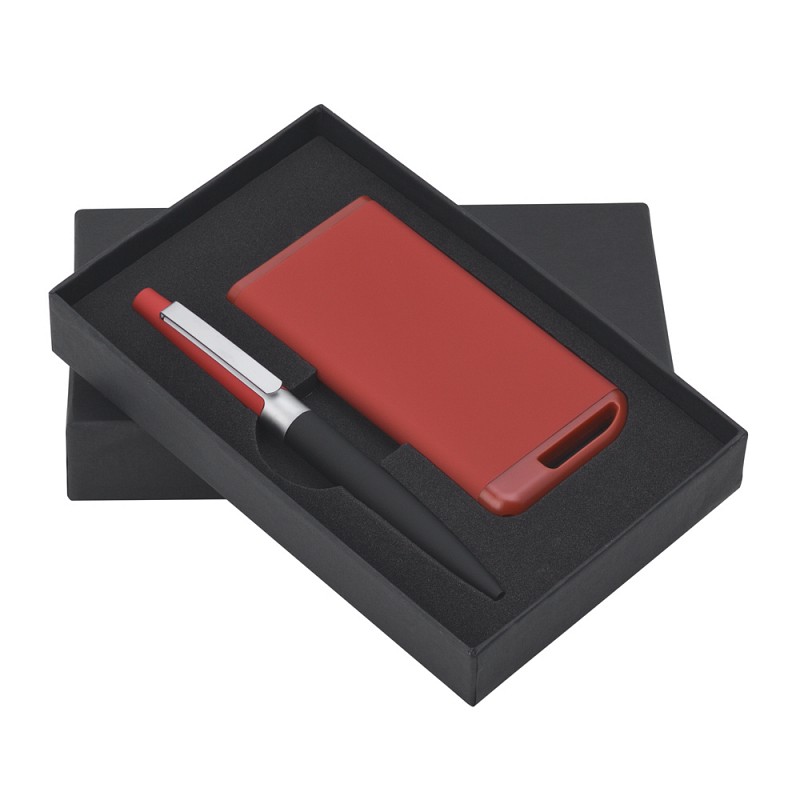 Набор ручка + зарядное устройство 4000 mAh в футляре, покрытие soft touch, цвет красный с черным