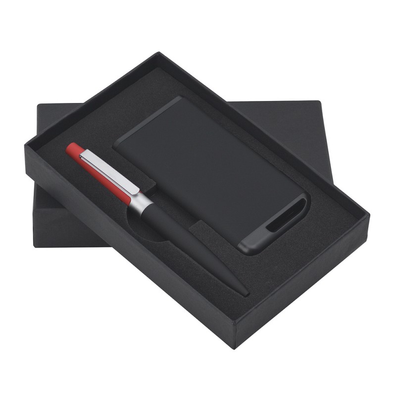 Набор ручка + зарядное устройство 4000 mAh в футляре, покрытие soft touch, цвет черный с красным