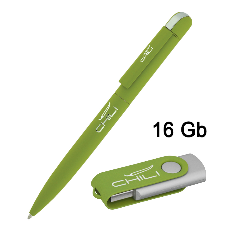Набор ручка "Jupiter" + флеш-карта "Vostok" 8 Гб, покрытие soft touch, цвет зеленое яблоко