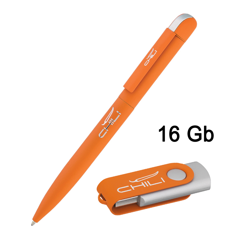 Набор ручка "Jupiter" + флеш-карта "Vostok" 16 Гб в футляре, покрытие soft touch, цвет оранжевый