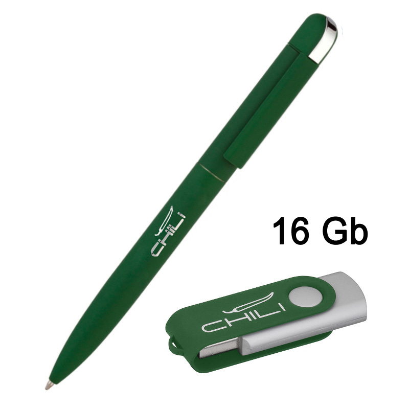 Набор ручка "Jupiter" + флеш-карта "Vostok" 16 Гб в футляре, покрытие soft touch, цвет темно-зеленый