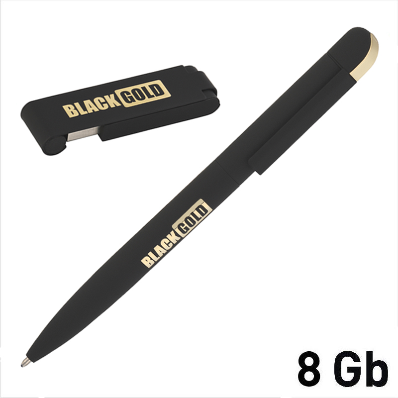 Набор ручка + флеш-карта 8 Гб в футляре, покрытие soft touch, цвет черный с золотом