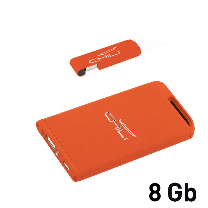 Набор зарядное устройство "Theta" 4000 mAh + флеш-карта "Case" 8Гб в футляре, покрытие soft touch, цвет оранжевый