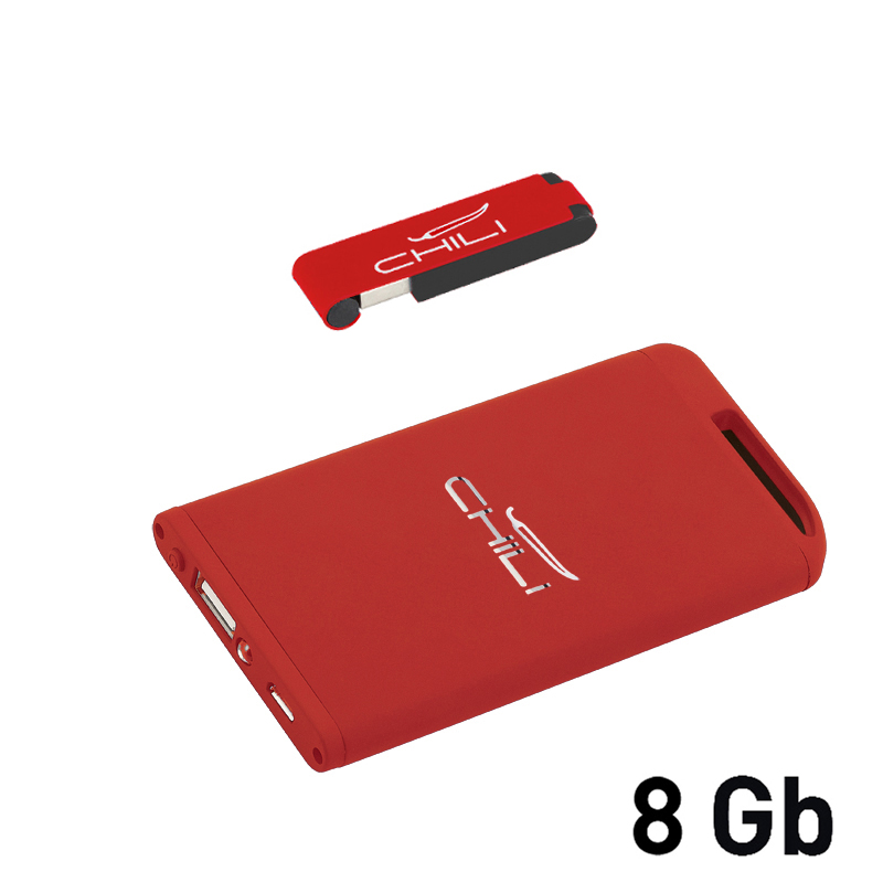 Набор зарядное устройство "Theta" 4000 mAh + флеш-карта "Case" 8Гб в футляре, покрытие soft touch, цвет красный с черным