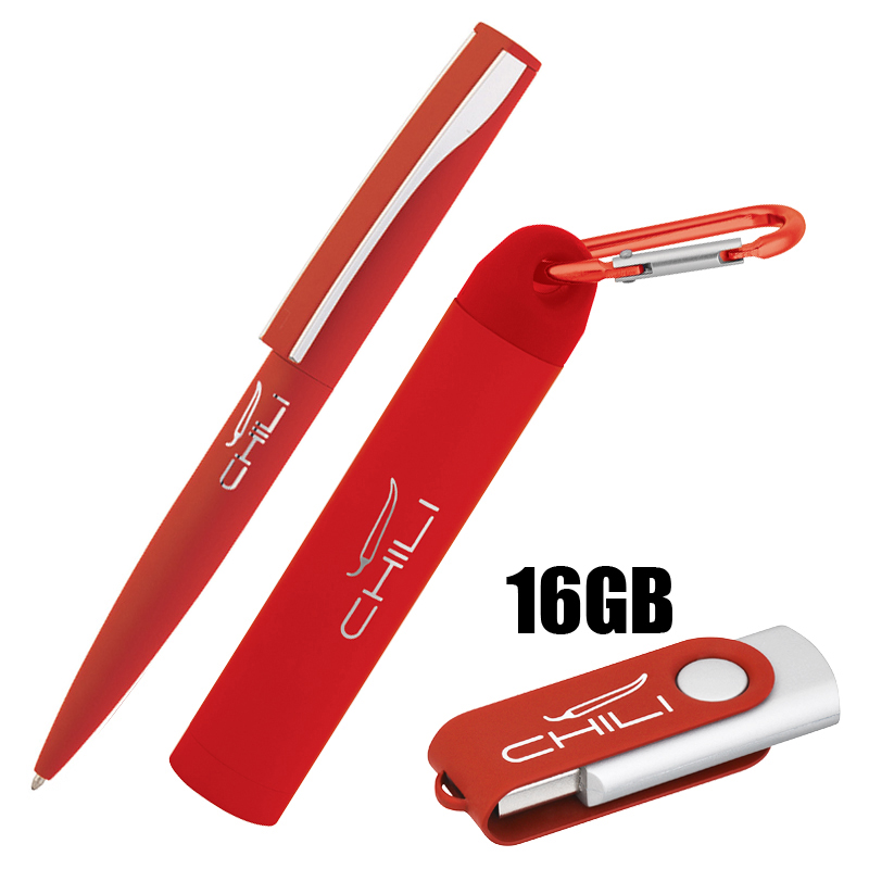 Набор ручка + флеш-карта 16Гб + зарядное устройство 2800 mAh в футляре, покрытие soft touch, цвет красный с серебристым