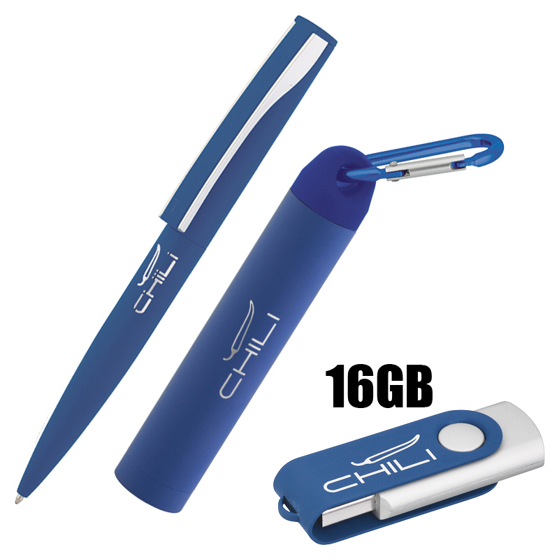 Набор ручка + флеш-карта 16Гб + зарядное устройство 2800 mAh в футляре, покрытие soft touch, цвет темно-синий с серебристым