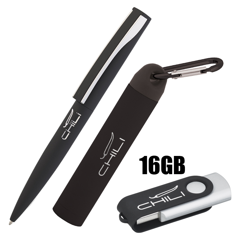Набор ручка + флеш-карта 8Гб + зарядное устройство 2800 mAh в футляре, покрытие soft touch, цвет черный с серебристым