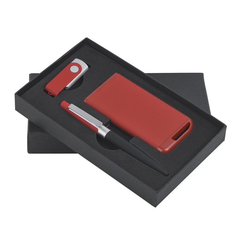 Набор ручка + флеш-карта 16Гб + зарядное устройство 4000 mAh в футляре, покрытие soft touch, цвет красный с черным