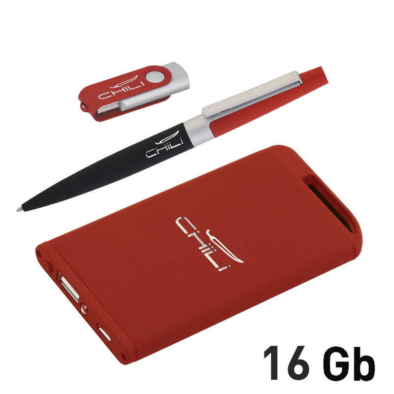 Набор ручка + флеш-карта 16Гб + зарядное устройство 4000 mAh в футляре, покрытие soft touch, цвет красный с черным