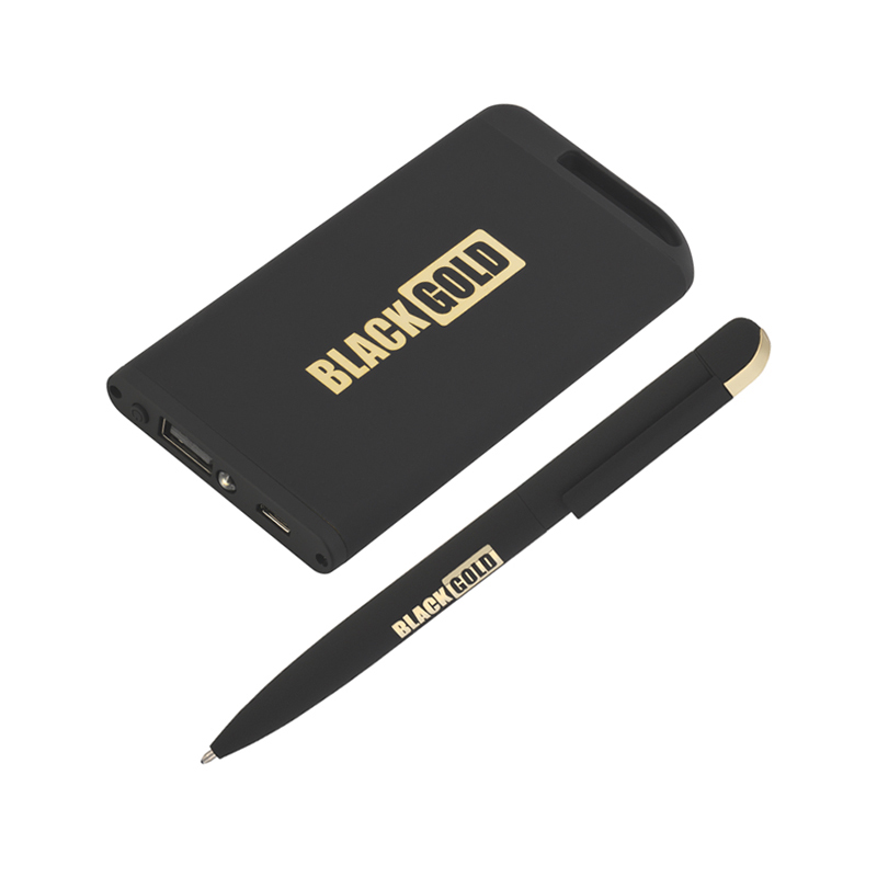 Набор ручка "Jupiter" + зарядное устройство "Theta" 4000 mAh в футляре, покрытие soft touch, цвет черный с золотом