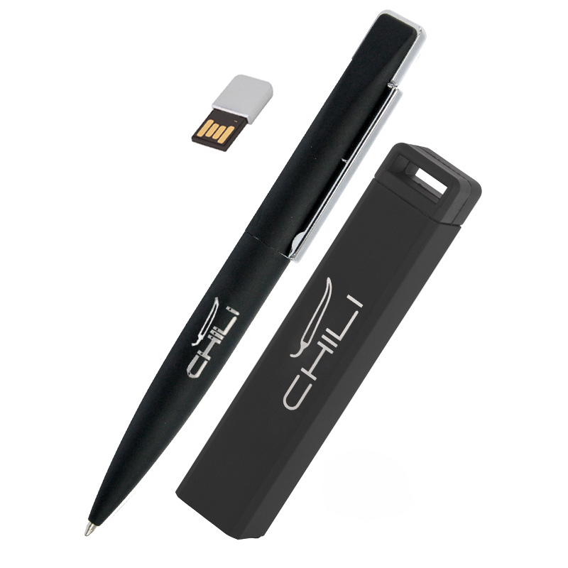 Набор ручка c флеш-картой 8Гб + зарядное устройство 2800 mAh в футляре, покрытие soft touch, цвет черный