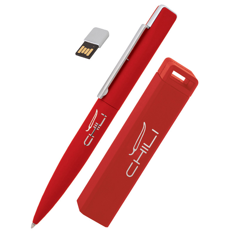 Набор ручка c флеш-картой 8Гб + зарядное устройство 2800 mAh в футляре, покрытие soft touch, цвет красный