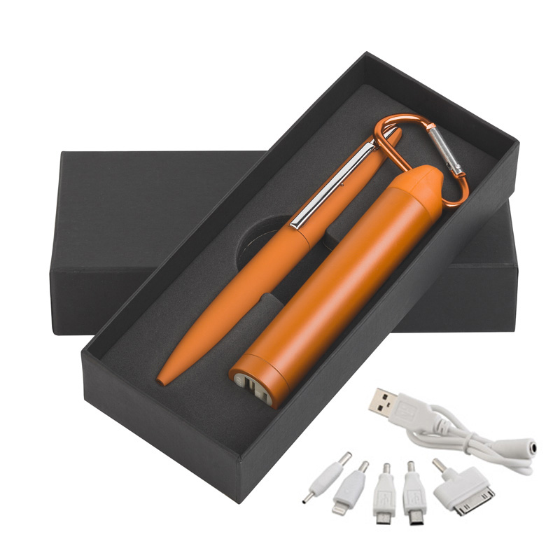 Набор ручка c флеш-картой 8Гб + зарядное устройство 2800 mAh в футляре, покрытие soft touch, цвет оранжевый