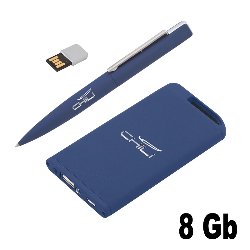 Набор ручка c флеш-картой 8Гб + зарядное устройство 4000 mAh в футляре, покрытие soft touch, цвет темно-синий