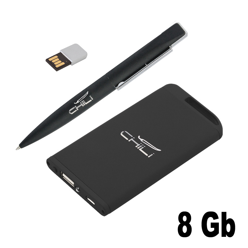 Набор ручка c флеш-картой 8Гб + зарядное устройство 4000 mAh в футляре, покрытие soft touch, цвет черный
