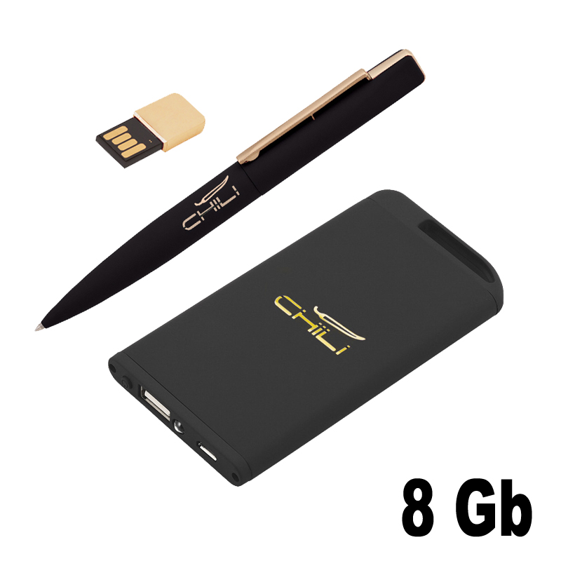 Набор ручка c флеш-картой 8Гб + зарядное устройство 4000 mAh в футляре, покрытие soft touch, цвет черный с золотом