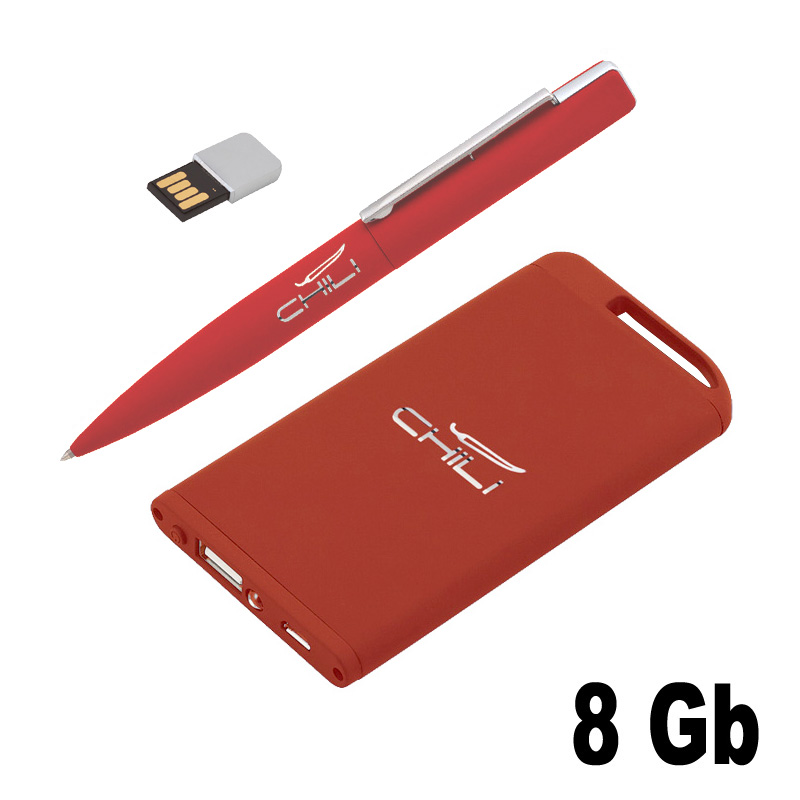 Набор ручка c флеш-картой 8Гб + зарядное устройство 4000 mAh в футляре, покрытие soft touch, цвет красный
