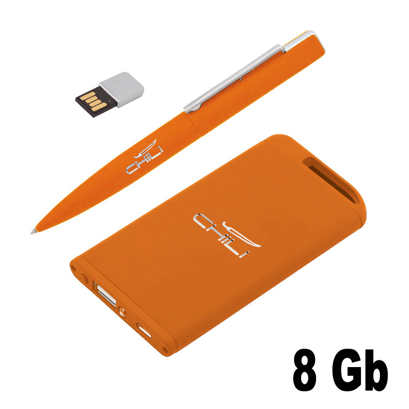 Набор ручка c флеш-картой 8Гб + зарядное устройство 4000 mAh в футляре, покрытие soft touch, цвет оранжевый