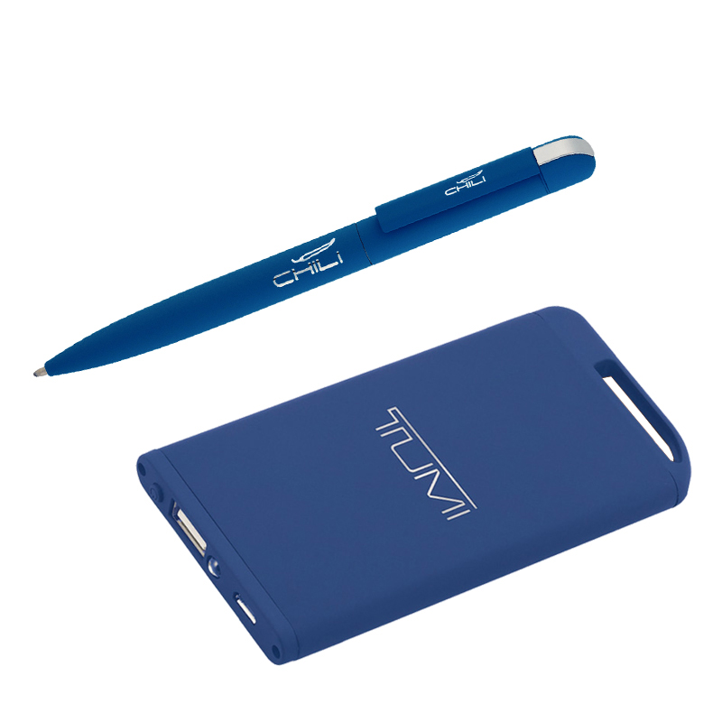 Набор ручка + зарядное устройство 4000 mAh, покрытие soft touch, цвет темно-синий