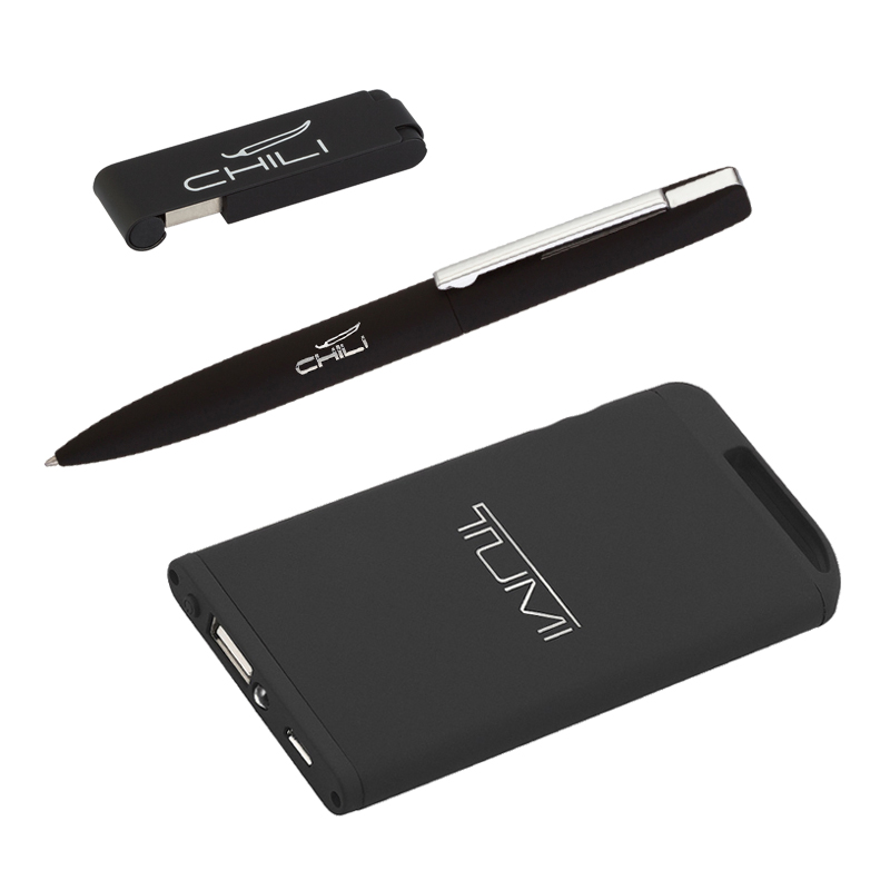 Набор ручка + флеш-карта 8Гб + зарядное устройство 4000 mAh в футляре, покрытие soft touch, цвет черный