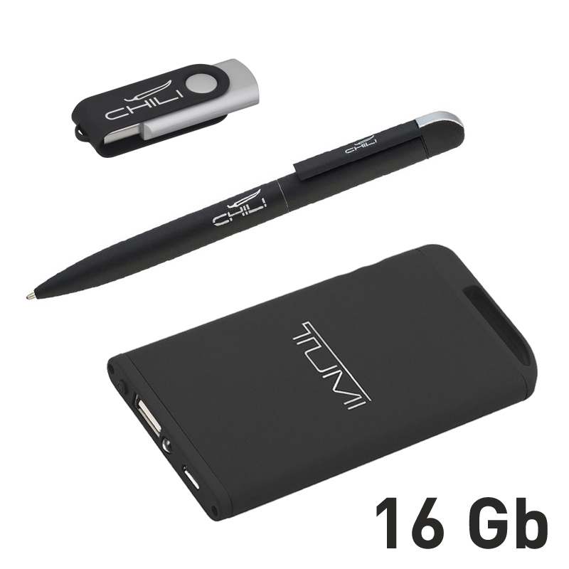 Набор ручка + флеш-карта 8Гб + зарядное устройство 4000 mAh в футляре, покрытие soft touch, цвет черный