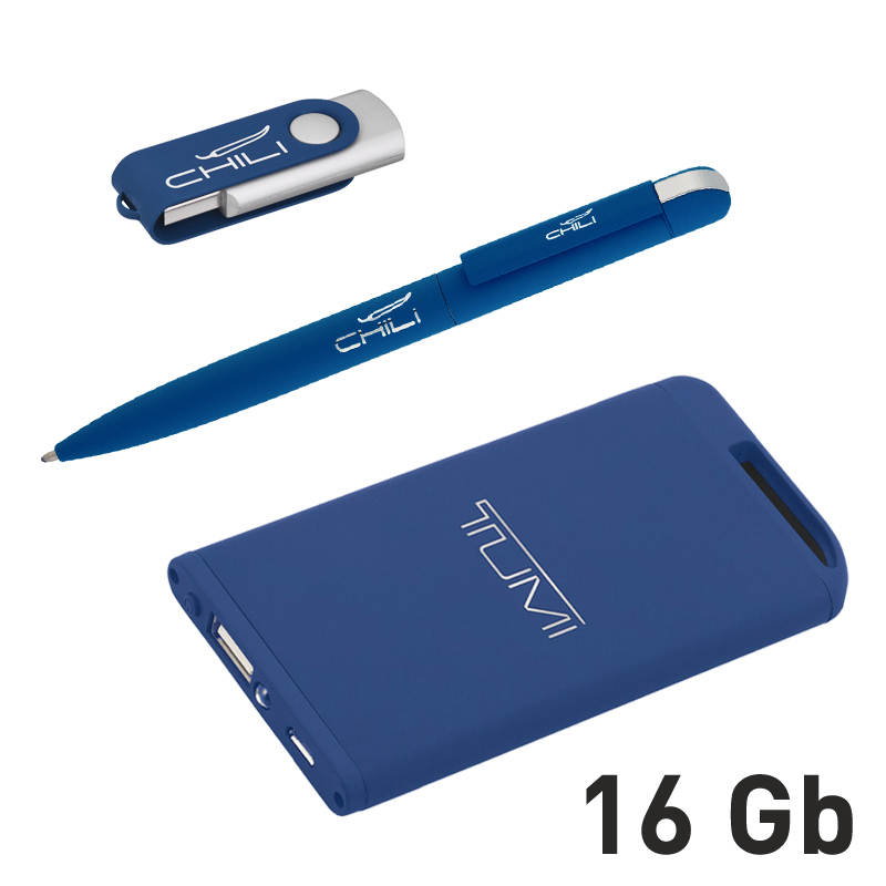 Набор ручка + флеш-карта 8Гб + зарядное устройство 4000 mAh в футляре, покрытие soft touch, цвет темно-синий