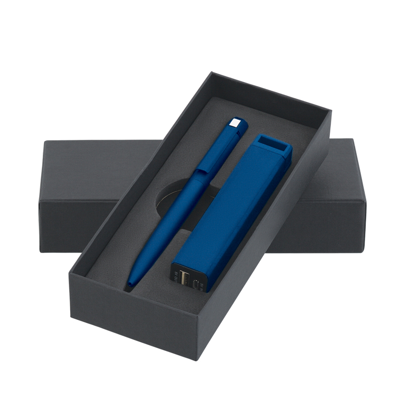 Набор ручка + зарядное устройство 2800 mAh в футляре, покрытие soft touch, цвет темно-синий