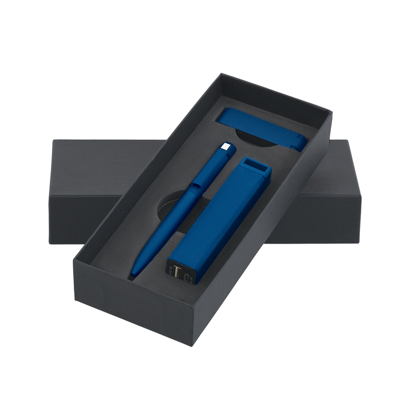 Набор ручка + флеш-карта 8Гб + зарядное устройство 2800 mAh в футляре, покрытие soft touch, цвет темно-синий