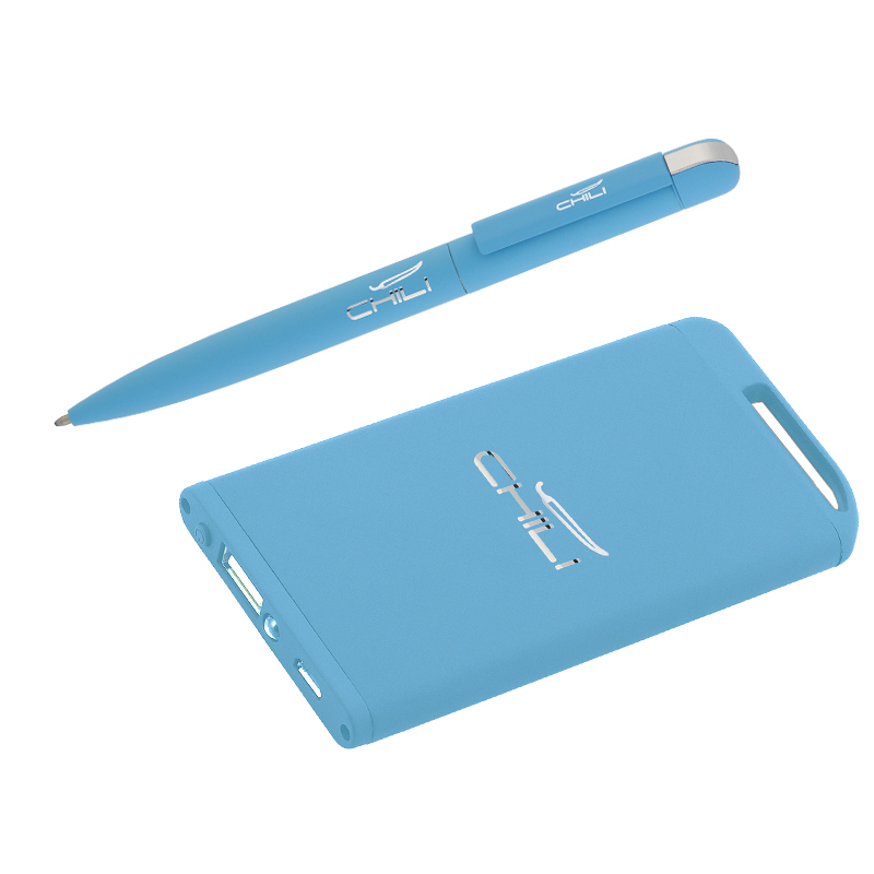 Набор ручка + зарядное устройство 4000 mAh, покрытие soft touch, цвет голубой