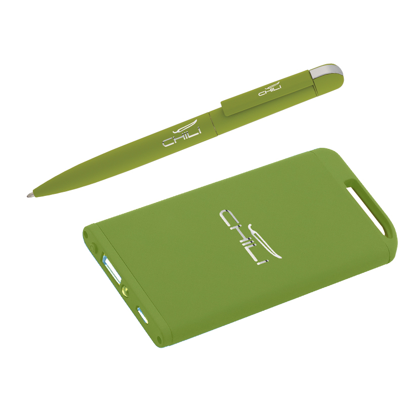 Набор ручка + зарядное устройство 4000 mAh, покрытие soft touch, цвет зеленое яблоко